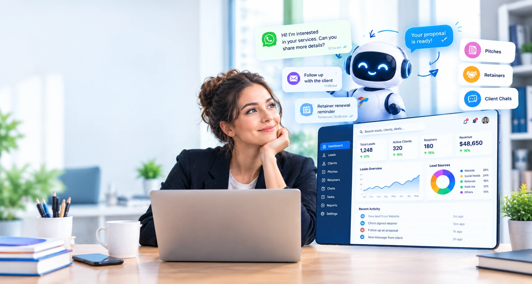 Agency owner at her laptop beside the TracktCRM dashboard tracking pitches, retainers and client chats