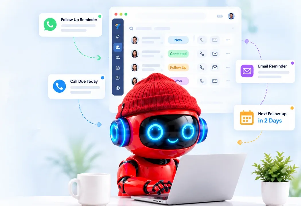 TracktCRM lead list with WhatsApp, call and email follow-up reminders and the next follow-up scheduled