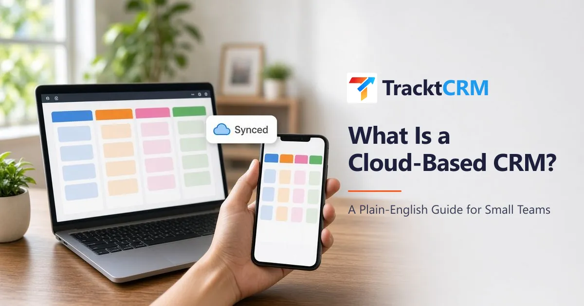 Cloud-based CRM showing the same sales pipeline on a laptop and a mobile phone