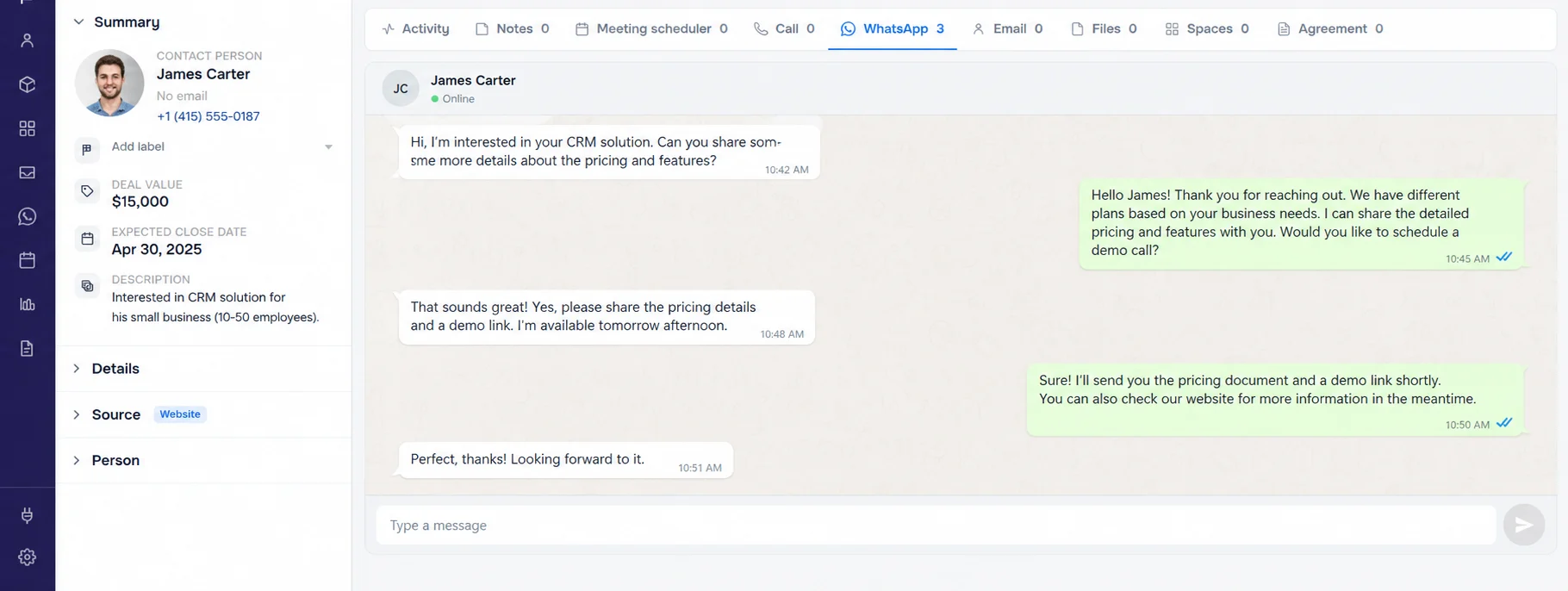 WhatsApp conversation saved on a deal in TracktCRM, next to the contact summary and deal value