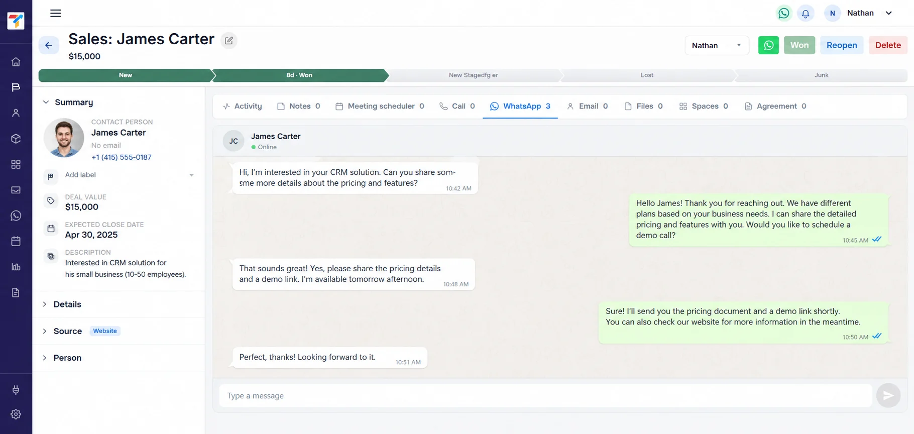 TracktCRM deal view with the WhatsApp conversation open next to the contact summary