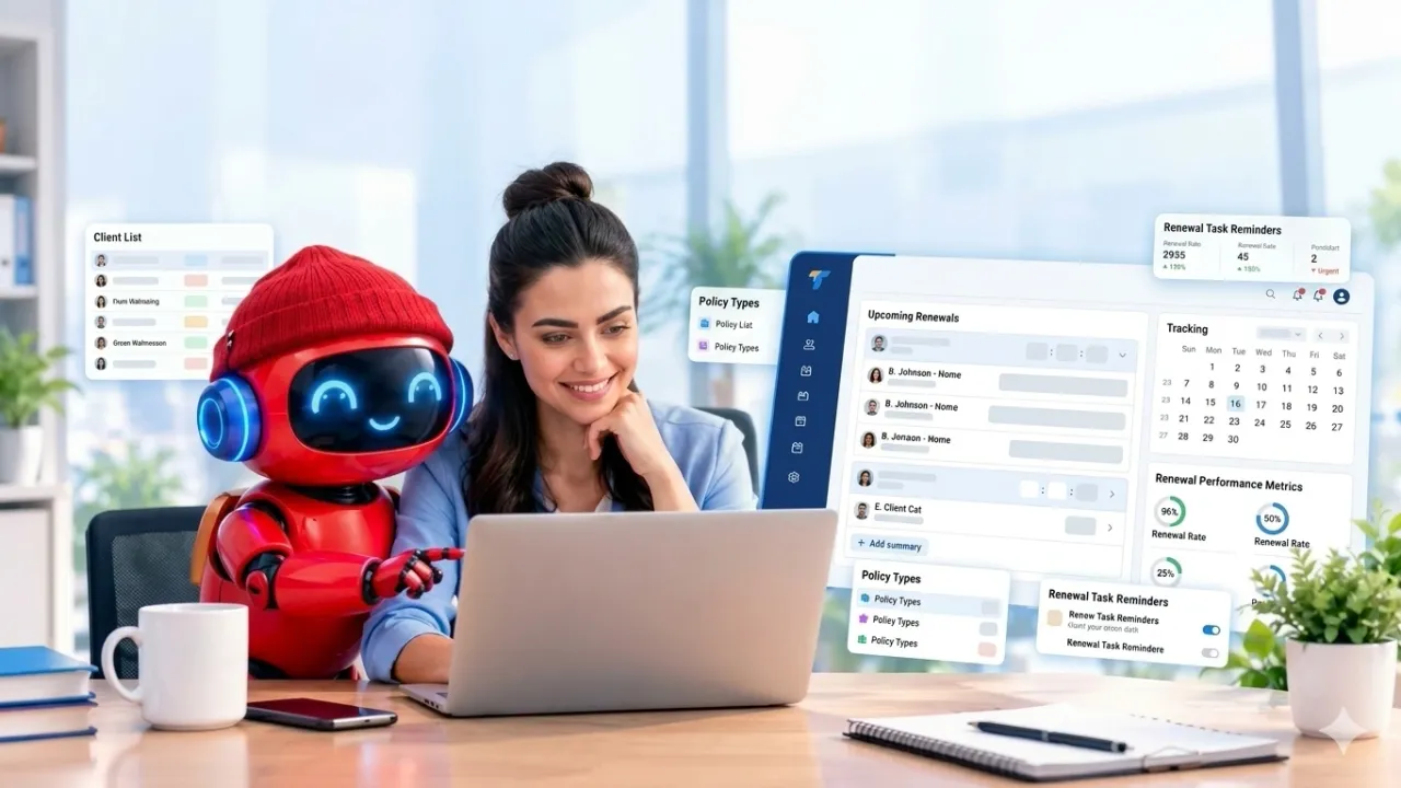 Insurance agent working with the TracktCRM AI assistant, with client lists, policy types and upcoming renewals in one dashboard