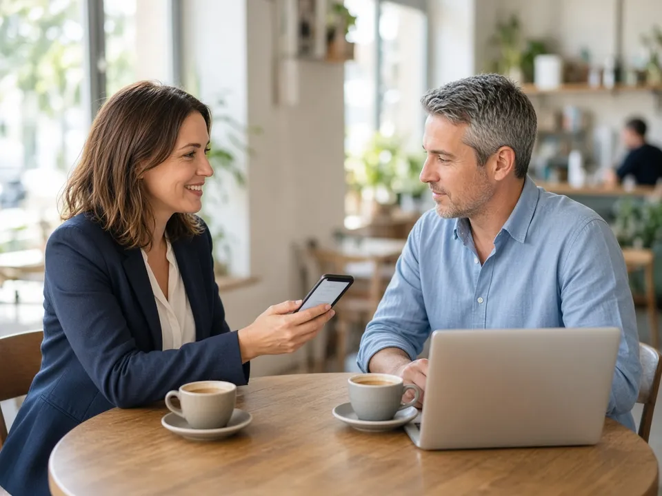 A business consultant recommending TracktCRM to a small business owner over coffee