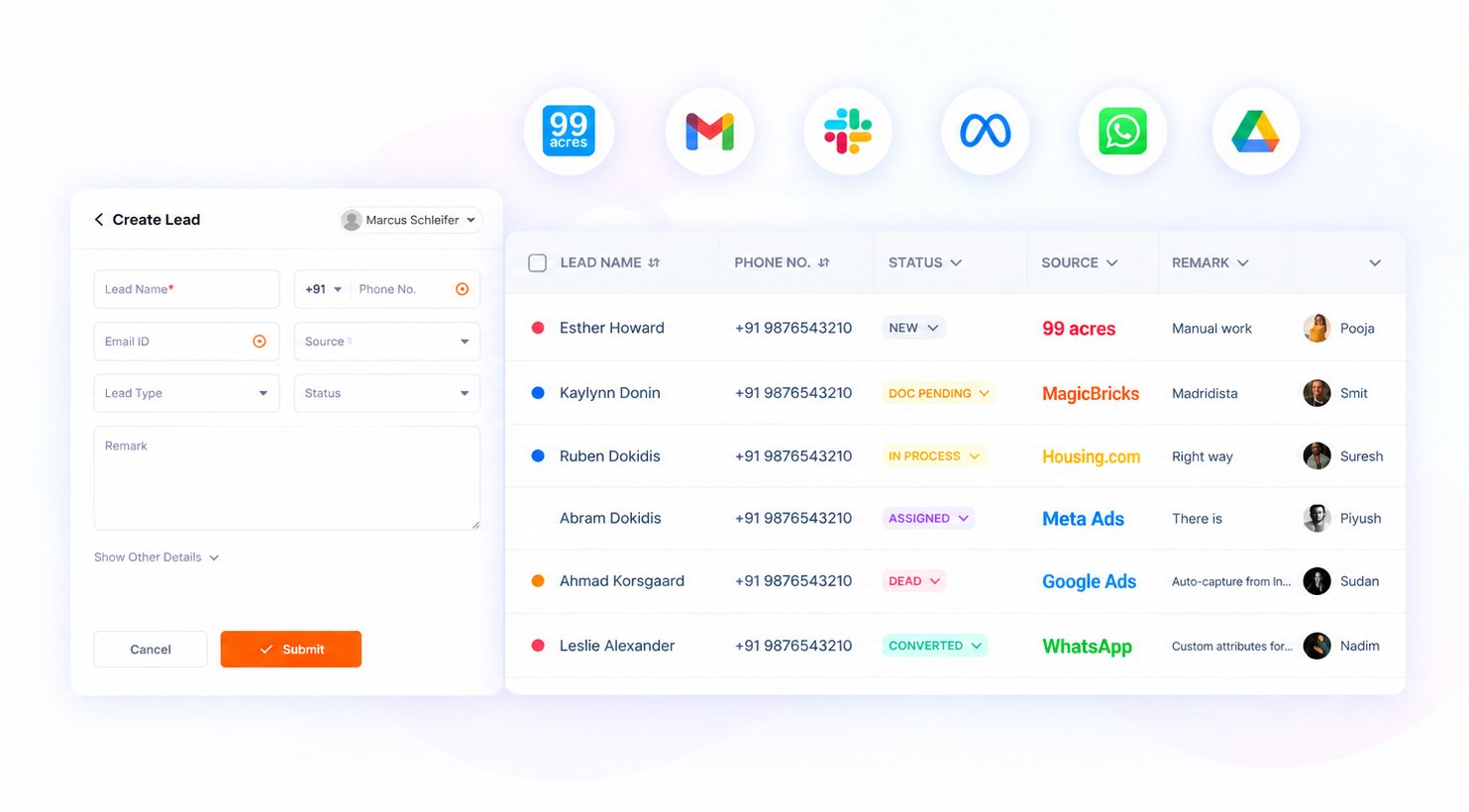 TracktCRM organizing real estate leads from portals, WhatsApp and ads in one pipeline