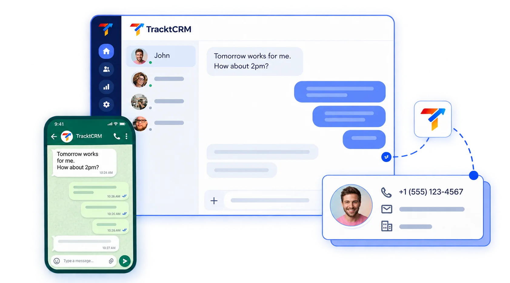 WhatsApp chat on a phone synced to the TracktCRM inbox and the lead's contact record