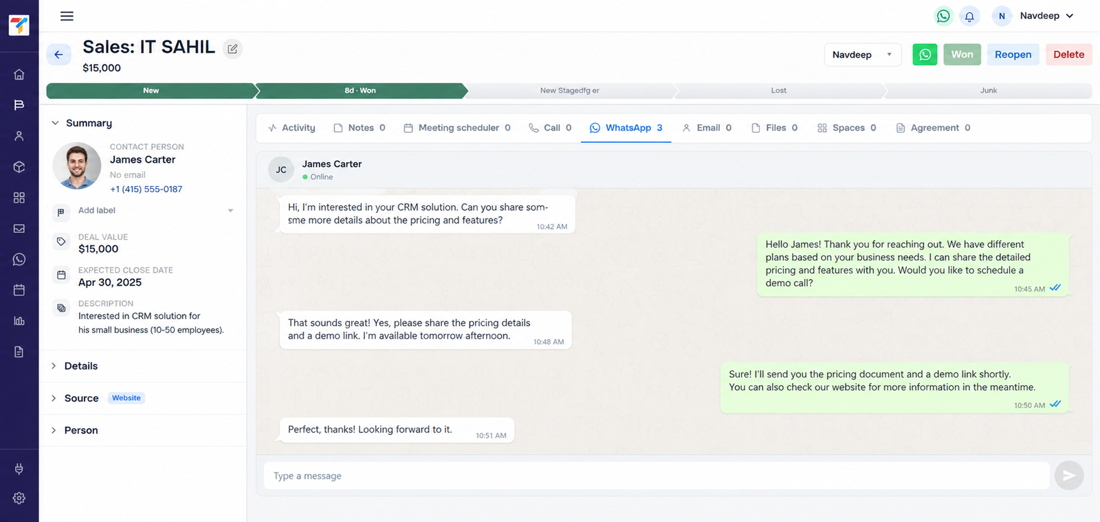 TracktCRM WhatsApp lead management next to the sales pipeline
